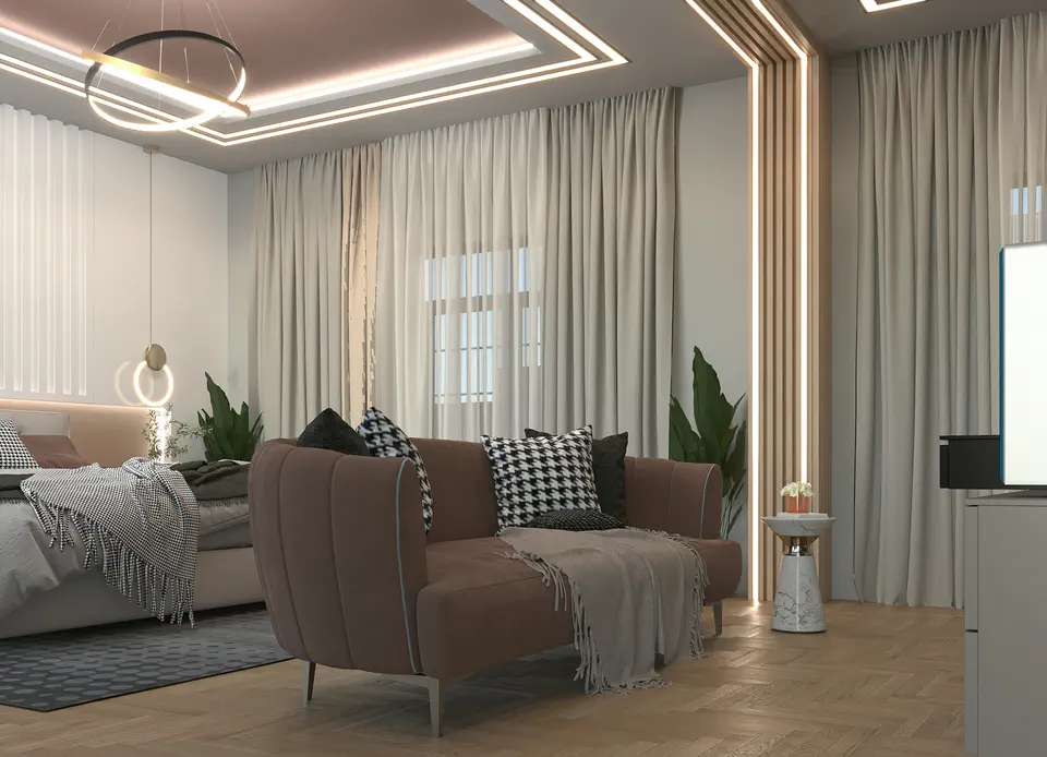 Salon rénové avec faux plafond et éclairage LED